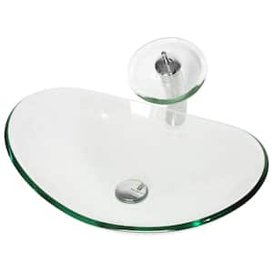 Solid Tempered Glass Oval Bathroom Vessel Sink in Clear with Chrome Faucet and Pop-Up Drain