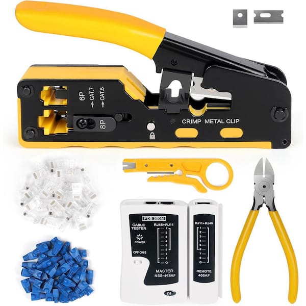 Lukyamzn RJ45 Crimp Tool Kit Ethernet Pass Through Crimper Network Cat5 Cat6 Cat7 Crimping Tool with Cable Tester and Accessories