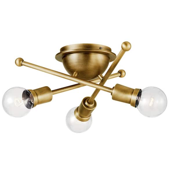 KICHLER Armstrong 15 in. 3-Light Natural Brass Mid-Century Modern Hallway Flush Mount Ceiling Light