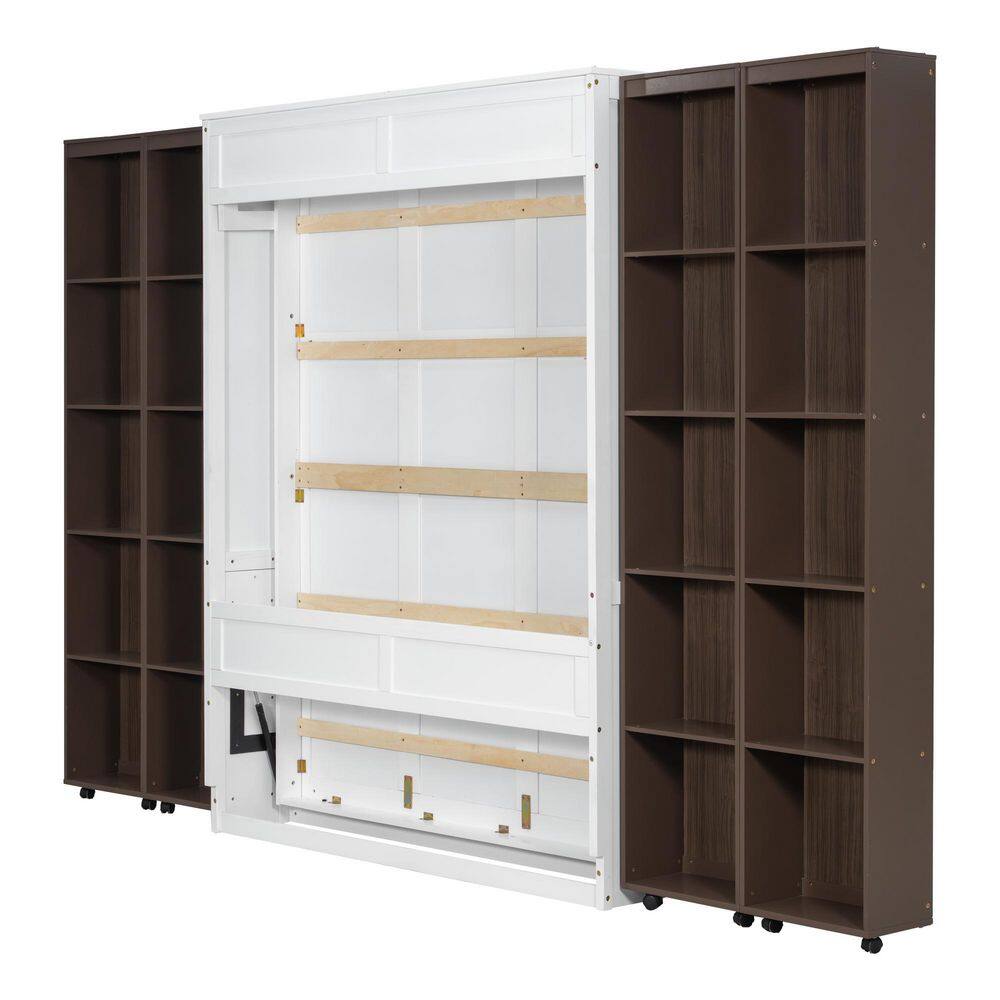 White Wood Frame Queen Murphy Bed Wall Bed with Push-Pull Foldable Storage Cabinets - thumbnail 9