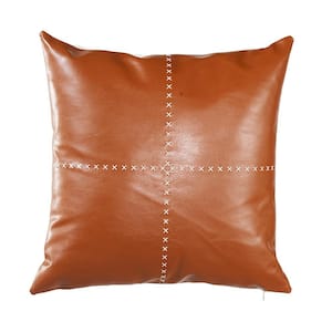 Country Embroidered Boho Throw Pillow Cover 18 in. x 18 in. Vegan Faux Leather Solid Brown and Beige Square for Couch