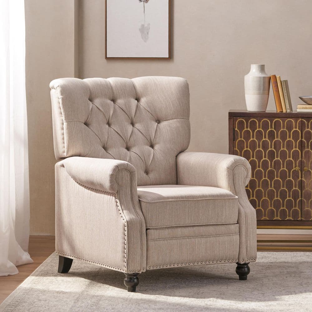 Handcrafted Beige Faux Leather Wood Recliner with Nailhead Trim