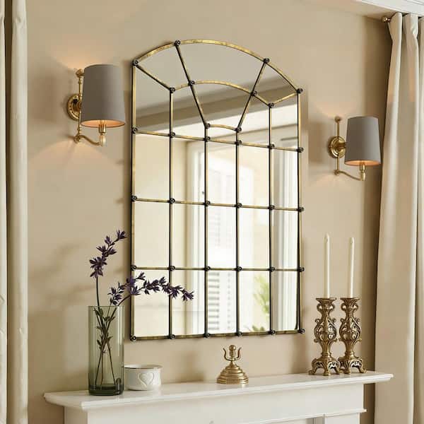 Antique Brass 34 in. W x 47 in. H Vintage Window Pane Arched Metal Framed Decorative Wall Mirror
