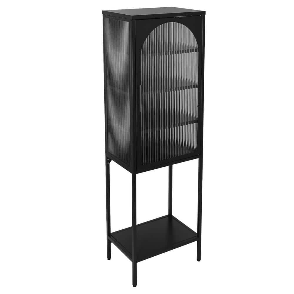 19.7 in. W x 13.8 in. D x 63 in. H Black Linen Cabinet with Arched Glass Do