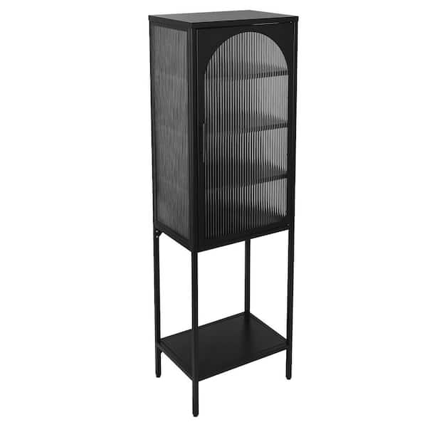 Unbranded 19.7 in. W x 13.8 in. D x 63 in. H Black Linen Cabinet with Arched Glass Door, Adjustable Shelves and Feet Anti-Tip