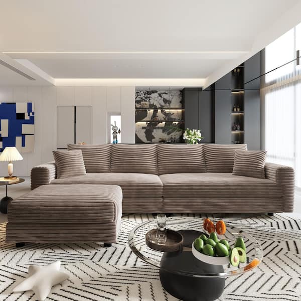 Free Combined 102.4 in. Corduroy Sectional Sofa in Camel with Movable Ottoman, Transform to Lounge Chair