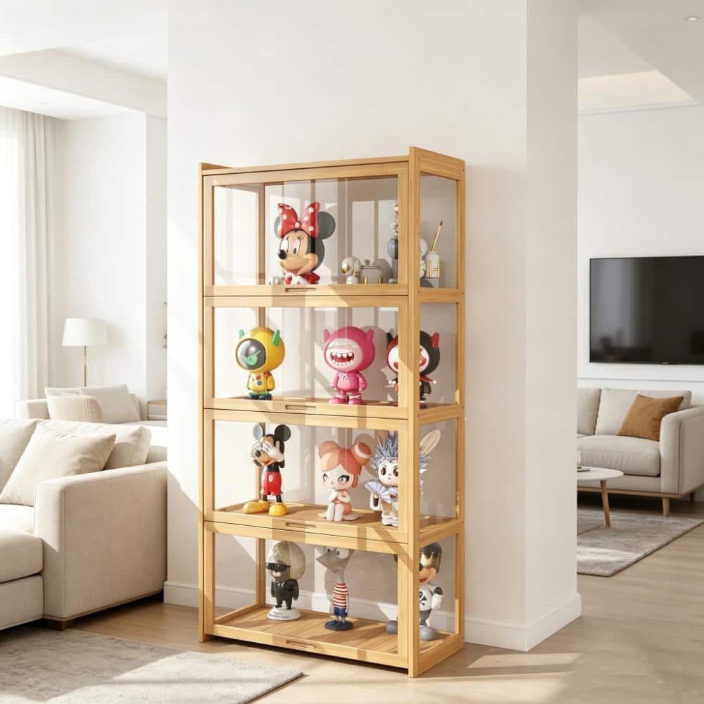 B BALANBO Bamboo 51.1 in. Acrylic Display Cabinet with Flip & Slide-In Flipper Door, Curio Showcase for Collectibles