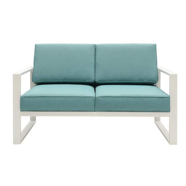 ANGELES HOME White Aluminum Outdoor Couch Sofa 2 Seat with Green Cushions