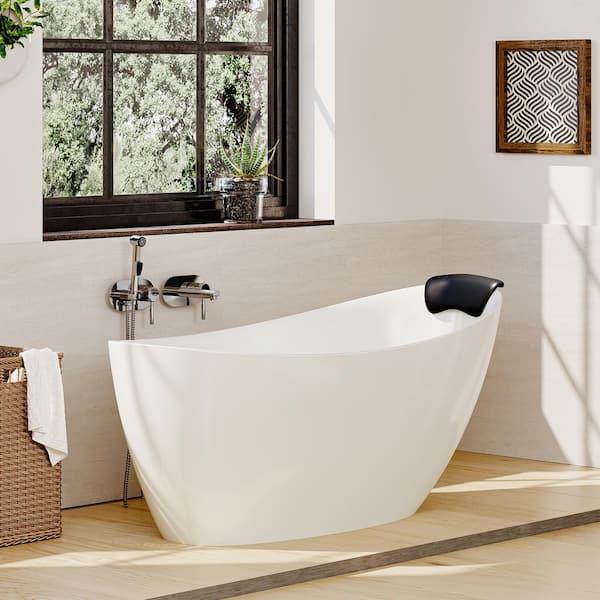 59.05 in. x 29.53 in. Stone Resin Solid Surface Freestanding Soaking Bathtub with Hose, Drain and Pillow in Matte White