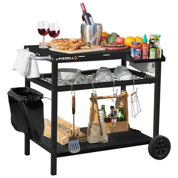 Innumia Black Outdoor 3 Shelf Grill Cart Movable Barbeque Cart Outdoor Pizza Oven Table And Prep 0423