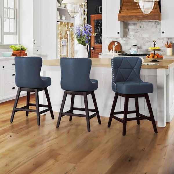 OrangeOne Zola 26 in. Navy Blue Wood Frame Counter Bar Stool Faux Leather Upholstered Swivel Bar Stool (Set of 3)