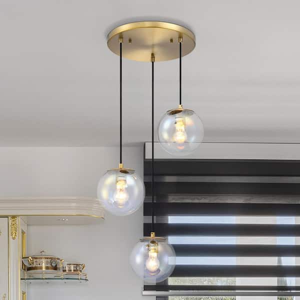 Neva 3-Light Brushed Gold Transitional Globe Chandelier for Entryways with 7 in. Clear Iridescent Glass Shades