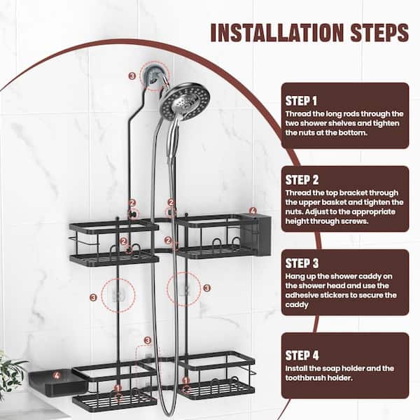 2-Pack Shower Head Holder – No-Drill Wall Mount With Strong Adhesive, Adjustable 45° Angle, ABS Plastic With Hooks For Towels & Brushes (Black)