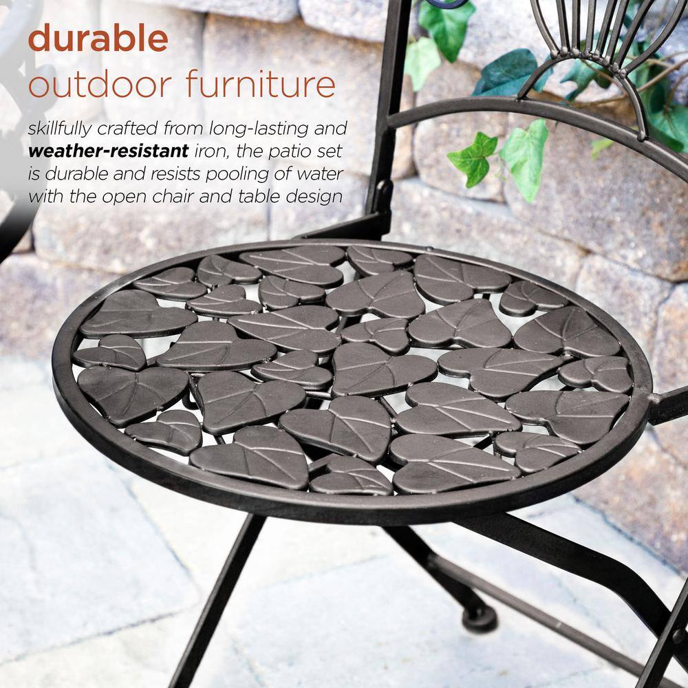 Black Iron 3-Piece Garden Bistro Set with Leaf Design