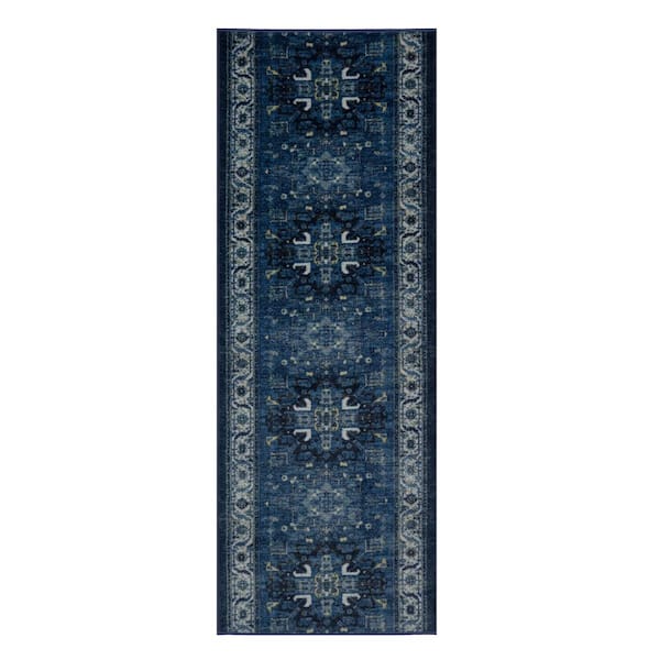 Antique Collection Series Medallion Navy Blue 26 in. x 19 ft. Your Choice Length Stair Runner