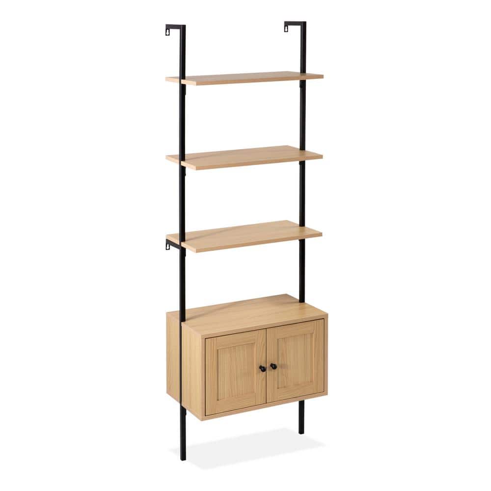 Light Oak and Black Wall-Mounted Ladder Bookcase with Cabinet