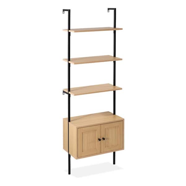 Tulare 72.05 in. Tall Mid Century 4-Shelf Wood Wall-Mounted Open Ladder Bookcase Cabinet, Metal Frame Light Oak/Black