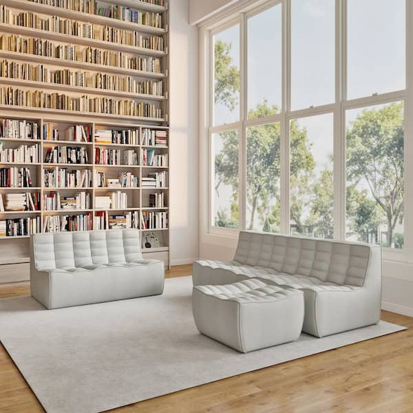 Armless 3-Piece Linen Modular Sectional Sofa 82.6 in. 3-Seater Fireside Lazy Sofa Couch w/ Loveseat and Ottoman in Gray