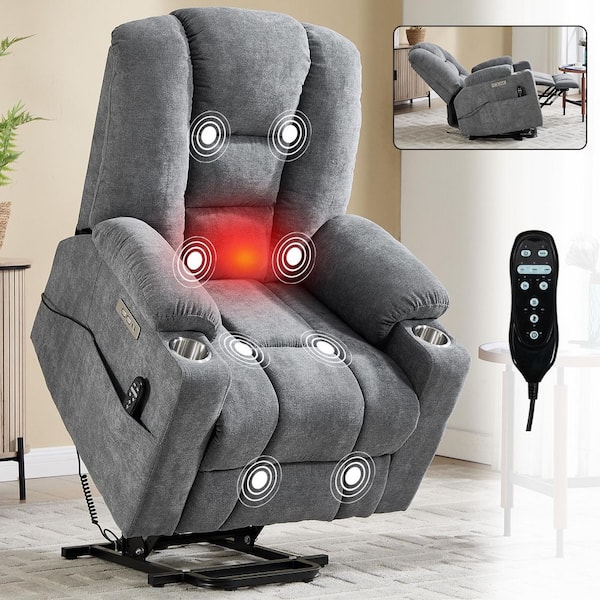 Slate Overstuffed Large Chenille Power Lift Recliner Chair with Massage and Heat, USB & Type C Ports, Cup Holders
