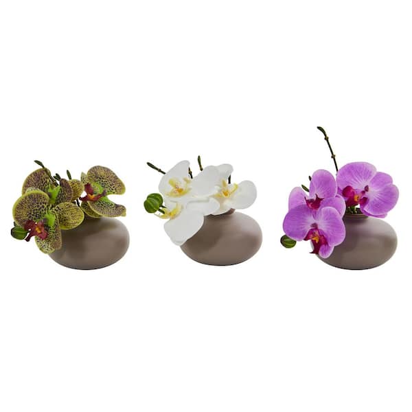 Nearly Natural 7 in. Phalaenopsis Orchid Artificial Arrangement (Set of 3)