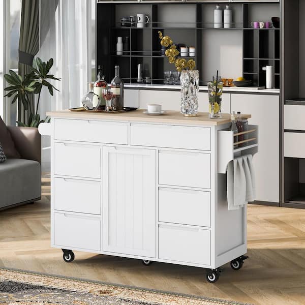 White Rubber Wood Countertop 53.1 in. W Kitchen Island on 5-Wheels with ...