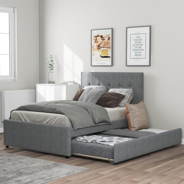 Qualler Gray Full Size Linen Upholstered Platform Bed with Headboard and Trundle