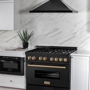 36 in. Black Stainless and Champagne Bronze Package 6 Burner Range, Range Hood Dishwasher, and French Door Refrigerator