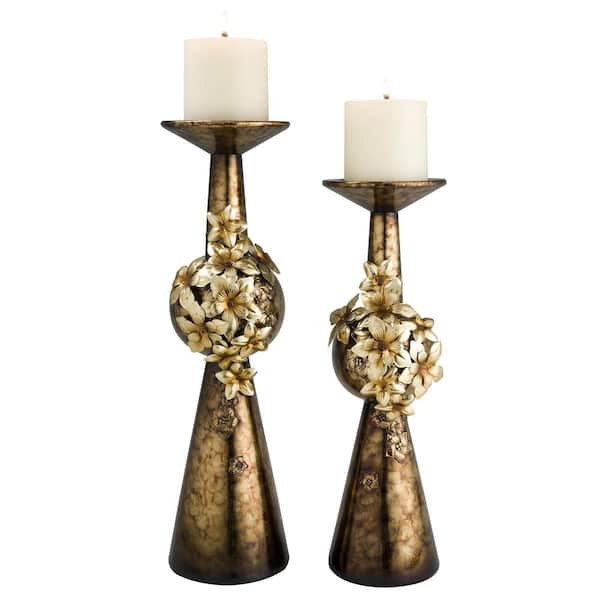 OK LIGHTING Bronze Virgo Orchid Polyresin Candleholders (Set of 2)