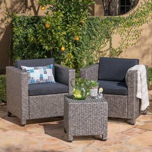 3-Piece Wicker Patio Conversation Set with Dark Gray Cushions