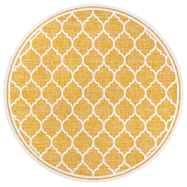 Trebol Moroccan Trellis Textured Weave Yellow/Cream 5 ft. Round Indoor/Outdoor Area Rug