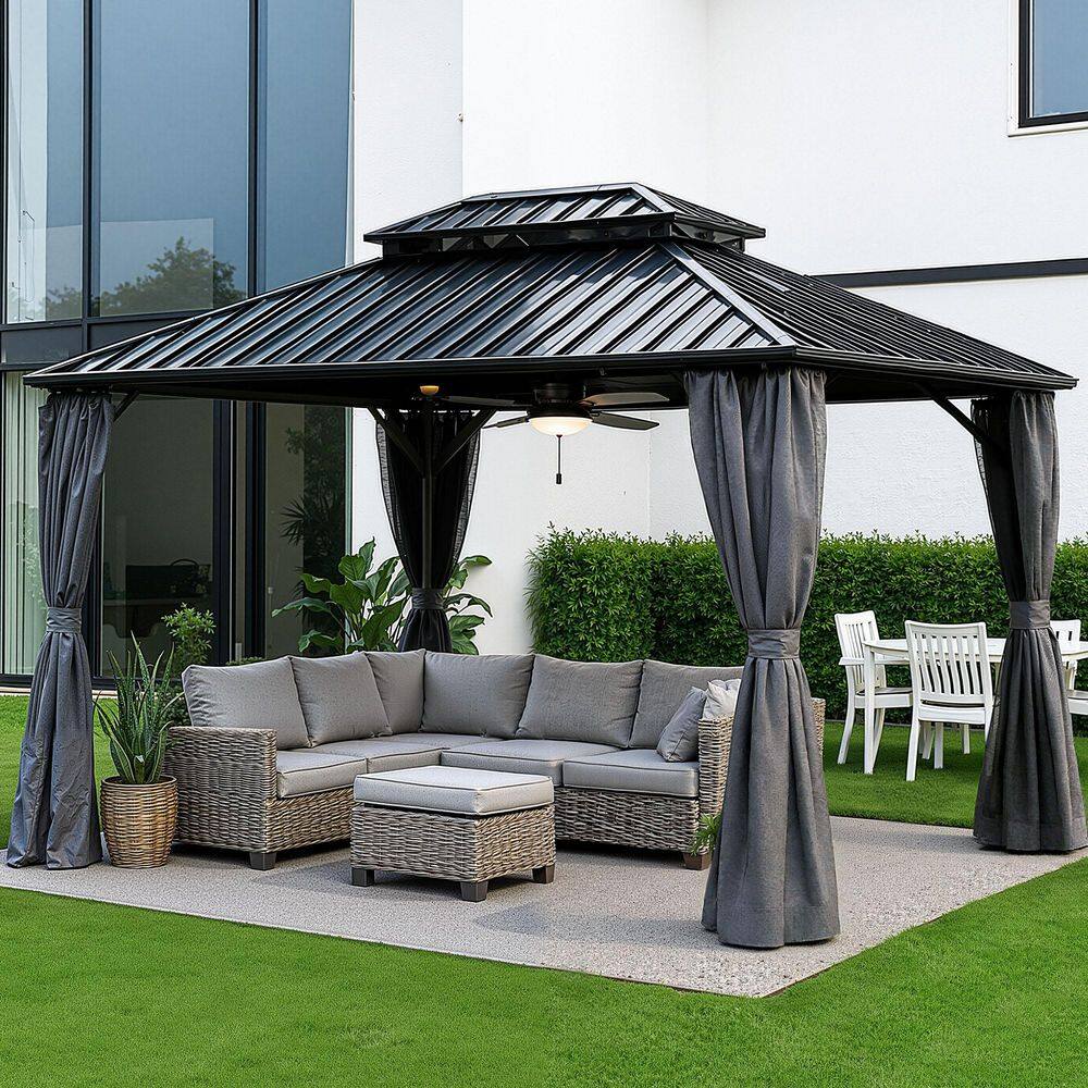 10 ft. x 10 ft. Black Outdoor Aluminum Hardtop Gazebo with Metal Roof Pergola, Netting, and Curtain price history on PriceWatchPro