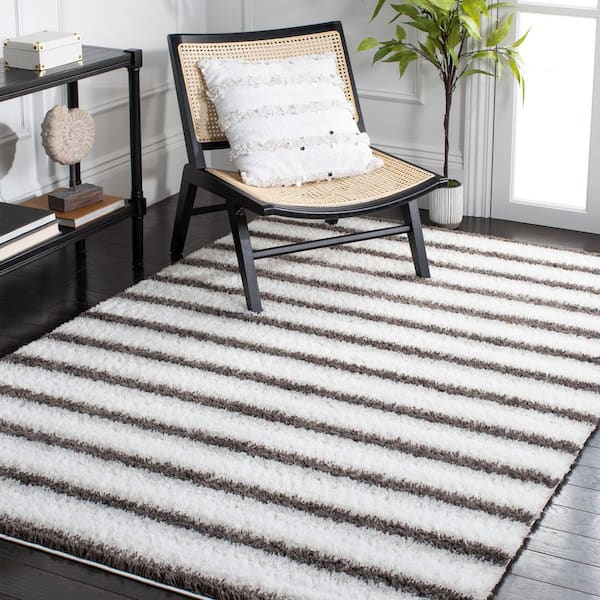 Berber Shag 8 ft. x 10 ft. Ivory/Gray Striped Area Rug