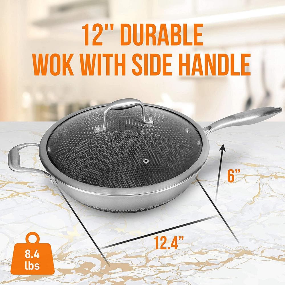 NutriChef 12-Inch Stainless Steel Nonstick Wok with Glass Lid