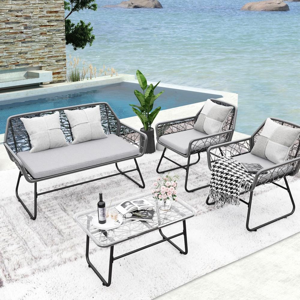 4-Pieces Wicker Patio Furniture Sets Outdoor Sectional Wicker Set with Gray