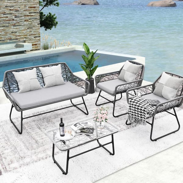 Unbranded 4-Pieces Wicker Patio Furniture Sets Outdoor Sectional Wicker Set with Gray Cushions and Coffee Table