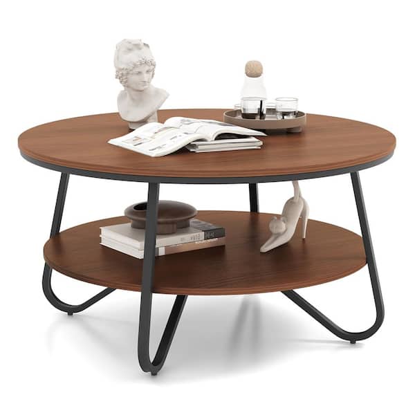 Costway 33.5 in. Walnut Round Wood Coffee Table with 2-Tier