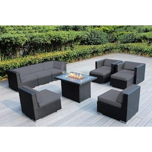 Ohana Black 10 -Piece Wicker Patio Fire Pit Seating Set with Supercrylic Gray Cushions