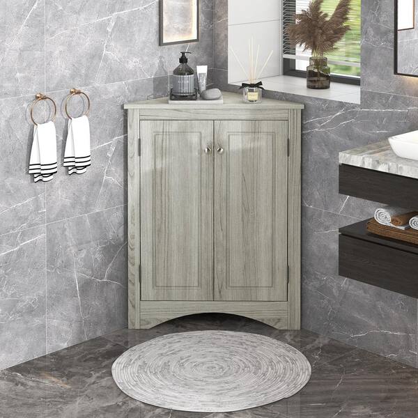 Zeus & Ruta 17.2 in. W x 17.2 in. D x 31.5 in. H Beige Triangle Bathroom Linen Cabinet with Adjustable Shelves