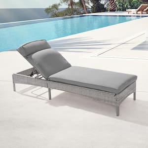 Wicker Outdoor Adjustable Height Chaise Recliner Chair with Gray Cushions