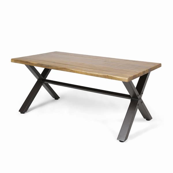 Zeus & Ruta 43.25 in. W x 24 in. D x 18 in. H Black and Brown Wood Outdoor Coffee Table with Teak Finish Rustic Metal for Patio