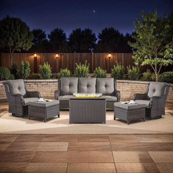 6-Piece Brown Wicker Fire Pit Conversation Set with Olefin Gray Cushions and Swivel Glider Rocking Chairs and Couch