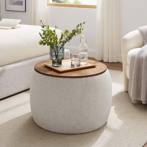 MODWAY Perla Woven Heathered Fabric Upholstered Storage Ottoman in Heathered Weave Ivory