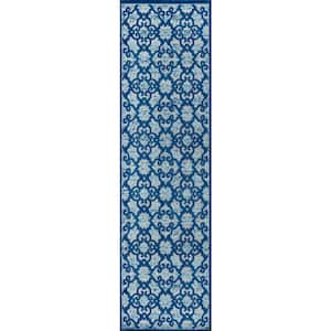 Gallia Tile Trellis High-Low Light Gray/Blue 2 ft. x 10 ft. Indoor/Outdoor Runner Rug