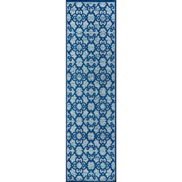 Gallia Tile Trellis High-Low Light Gray/Blue 2 ft. x 10 ft. Indoor/Outdoor Runner Rug