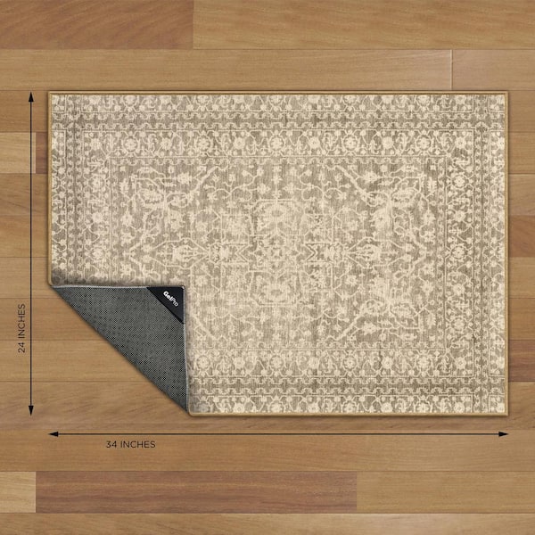 Nevermove Bella Khaki 2 ft. x 2.8 ft. Machine-Washable Polyester Designer Accent Area Rug with GellyGrippers