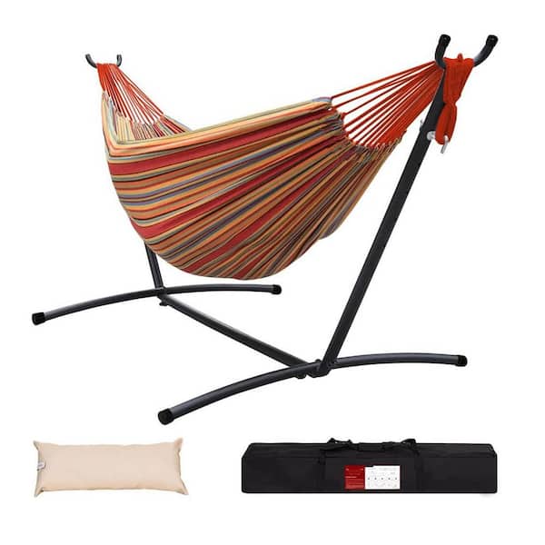 AURA OUTDOOR Cotton Hammock with 9 ft. Steel Stand Includes Pillow 450 lbs. Capacity, Red and Yellow