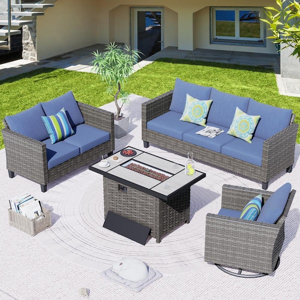 XIZZI Shasta Gray 4-Piece Wicker Patio Rectangular Fire Pit Set with Denim Blue Cushions and Swivel Rocking Chair