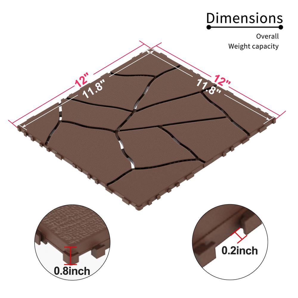 Brown Faux Stone Pattern Interlocking Outdoor Deck Tiles, 12" x 12"