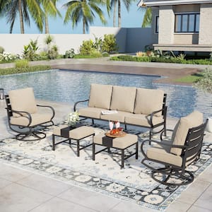 Black 5-Piece Metal Slatted 7-Seat Outdoor Patio Conversation Set with Beige Cushions, 2 Swivel Chairs and 2 Ottomans