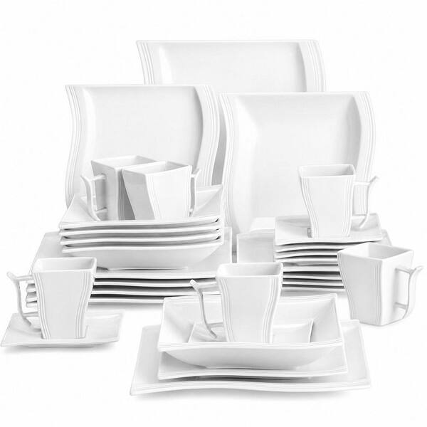 30-Piece Porcelain Dinnerware Set with Square Dinner Plate, Dessert Plate, Soup Plate, Cup and Saucer, White (Set for 6)